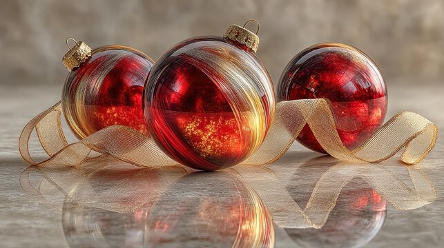 Three red Christmas balls with gold and white swirl patterns and gold tops, arranged in curved line with gold ribbon weaving through them on reflective surface