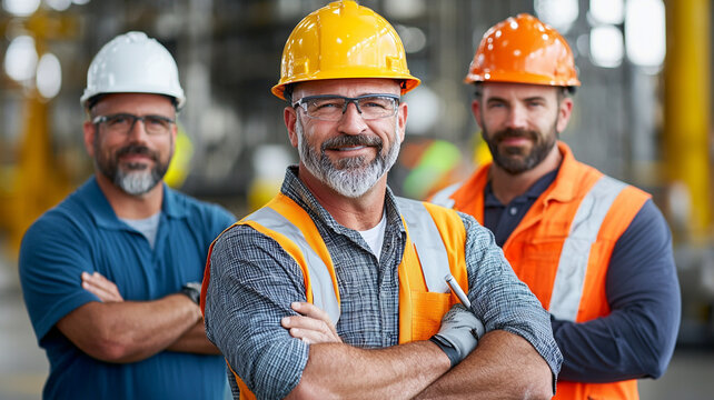 Confident Construction Workers Teamwork in Industrial Setting. Group Portrait of Skilled Professionals in Hard Hats and Safety Vests Showing Unity and Collaboration