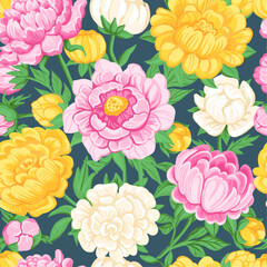 Peony botanical seamless pattern. Beautiful flowers, repeated garden flora, lush summer plants, gentle petals, textile, wrapping paper, wallpaper. Print for fabric splendid vector background
