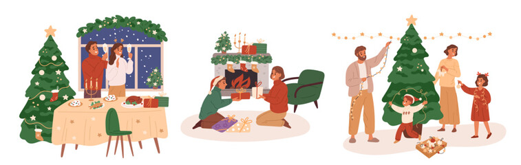 Naklejka premium Happy people celebrating christmas. Families and couples in festive atmosphere, new year holiday preparing, cozy home, decorate xmas tree traditional dinner, cartoon flat garish vector set