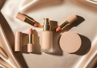 Luxury makeup products including lipstick and foundation on satin fabric