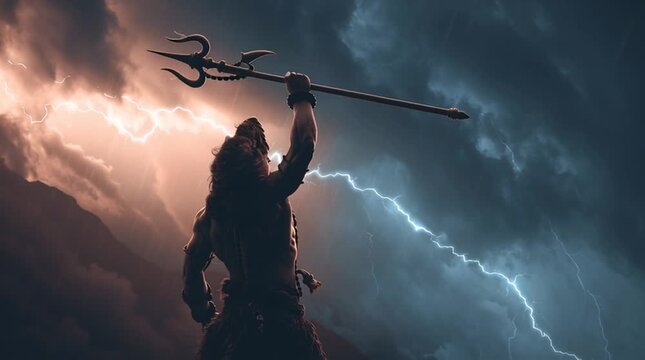 Lord Shiva stands in a storm holding Trishul with dramatic lighting and hair blowing fiercely in the wind