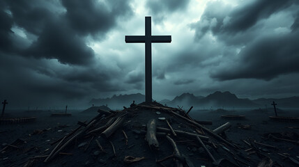 Christian Cross on top of a devastated land on dark stormy day. Concept of apocalypse, judgment day, end of world, destruction of planet Earth. AI Generative