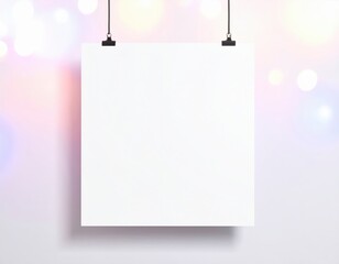 Blank White Square Poster Hanging with Clips on Bokeh Background.