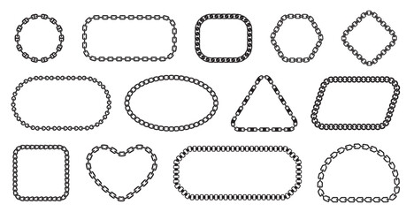Chain frames. Different shapes and braidings, recurring segments, decorative elegant bijouterie borders, black silhouettes, luxury jewelry, heart and round form, nowaday vector isolated set