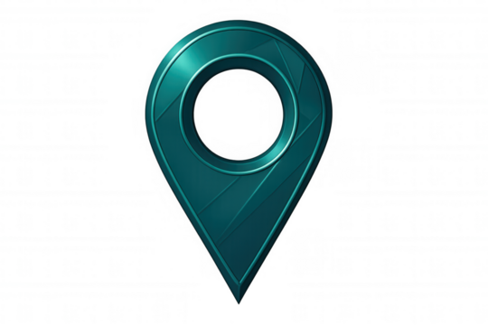 Turquoise metallic map pin pointing location with transparent background, ideal for indicating places on maps or highlighting specific points