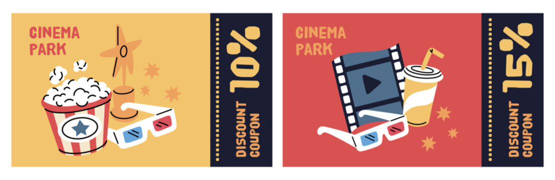 Cinema tickets design. Movie coupons templates, entry voucher mockup, film kino entertainment event invitation, popcorn, 3d glasses and reward, cartoon isolated templates, garish vector set