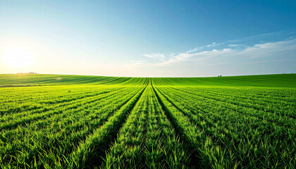 Vast green agricultural field with distinct tire tracks stretching towards the horizon under a clear blue sky.