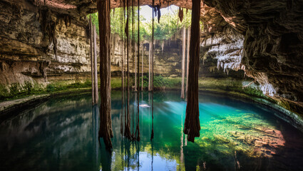 Naklejka premium A breathtaking interior view of a natural underground cenote in Mexico. The water is a brilliant turquoise, and beams of sunlight stream through a hole in the ceiling.