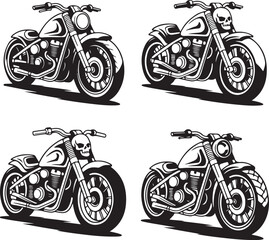 Obraz premium Four black and white vector illustrations of custom motorcycles with skull details chopper