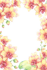 Watercolor yellow orchid floral frame. Hand-painted flower arrangement. Botanical exotic template. Perfect for invitations, greeting cards, stationary, gift certificates