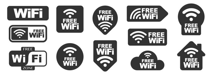 Obraz premium Free Wi-Fi icon collection. Wireless internet access symbols, connection signs, cafe hotspot, router and mobile interface indicators on transparent background