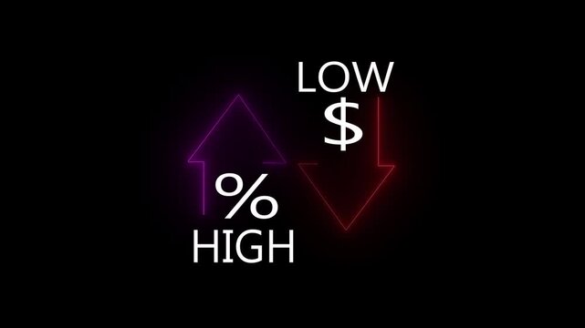 Quality and cost control concept on transparent background. Successful organization strategy and management quality control. Percentage icon of quality with up arrow and cost with down arrow. 4K,,