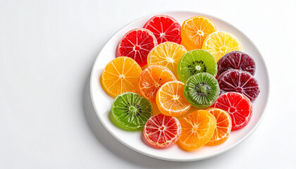 A vibrant assortment of colorful fruit-shaped jelly candies arranged neatly on a pristine white plate, showcasing various citrus and berry flavors.