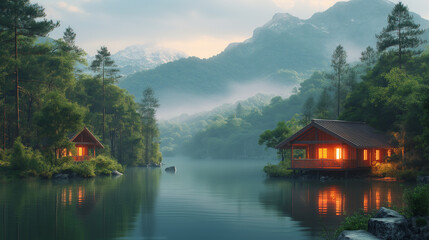 Fototapeta premium Lakeside Cabins at Sunset Surrounded by Forest Mountains