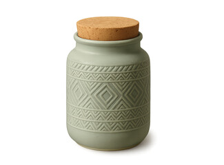 Sage green ceramic jar with textured pattern isolated on transparent background