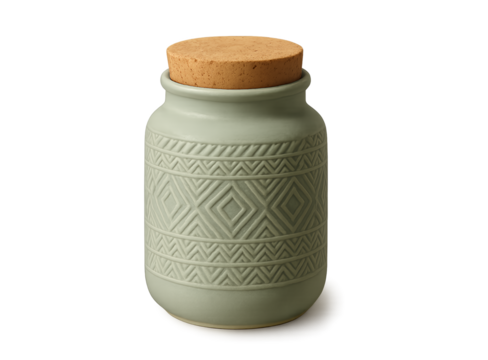 Sage green ceramic jar with textured pattern isolated on transparent background