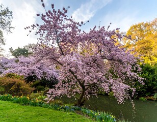 Blossoming cherry tree by a pond