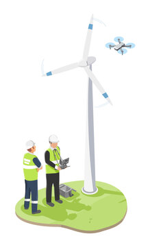 Engineers using drone technology to inspect wind turbine blades for renewable energy maintenance on green field site