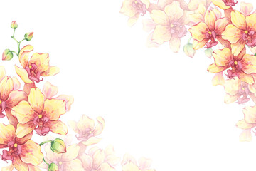 Yellow orchid frame in watercolor illustrative technique. Stylish botanical template with bright exotic flowers. Hand-painted floral arrangement. Great for cards, wedding invitations, stationery