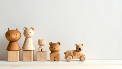 Collection of various wooden bear and animal figures on wooden blocks against a minimalist white background.