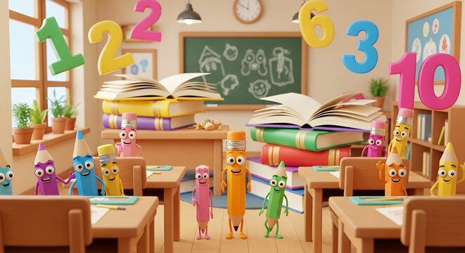 A vibrant 3D animated classroom scene filled with colorful anthropomorphic pencils and floating numbers, suggesting an educational and playful learning environment.