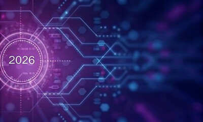 Futuristic 2026 Digital Technology Circuit Board Background in Purple Blue Neon