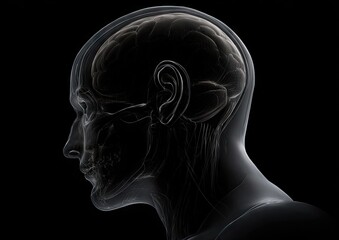 Detailed anatomical illustration of the human head and neck, showcasing intricate details of the brain, facial structures, and surrounding tissues.