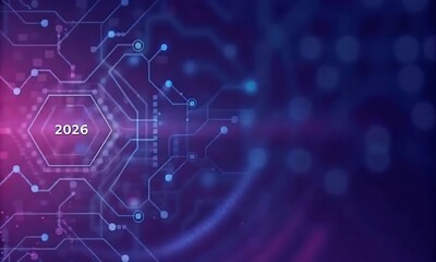 Futuristic 2026 Digital Technology Circuit Board Background in Purple Blue Neon