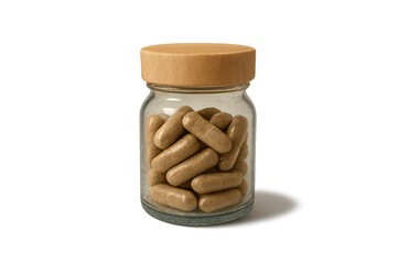 Glass jar with brown capsules and wooden lid isolated on transparent background 