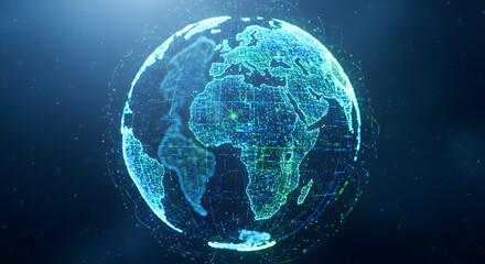 Abstract concept of a glowing digital Earth globe, representing global network, data flow, and advanced technology. Visualizing interconnectedness and worldwide communication for a digital era