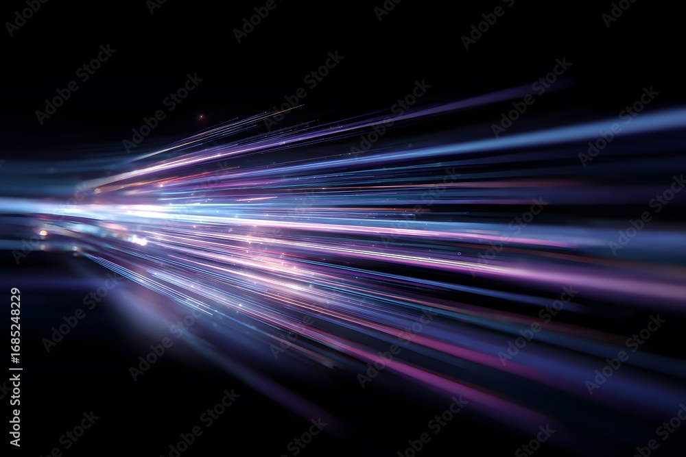 Wall mural 3d render, abstract background with colorful glowing light rays in blue and purple colors on a black