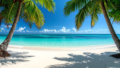 Stunning tropical beach with white sand, crystal clear turquoise water, and two palm trees under a bright blue sky.