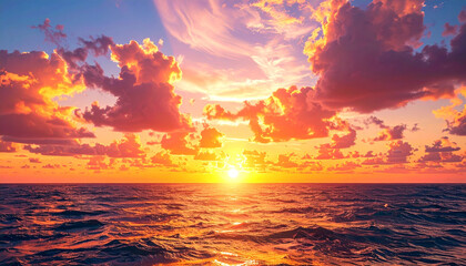  A stunning sunset view over the ocean, featuring a vibrant sky filled with shades of orange and pink, with the sun's reflection on the gentle waves.