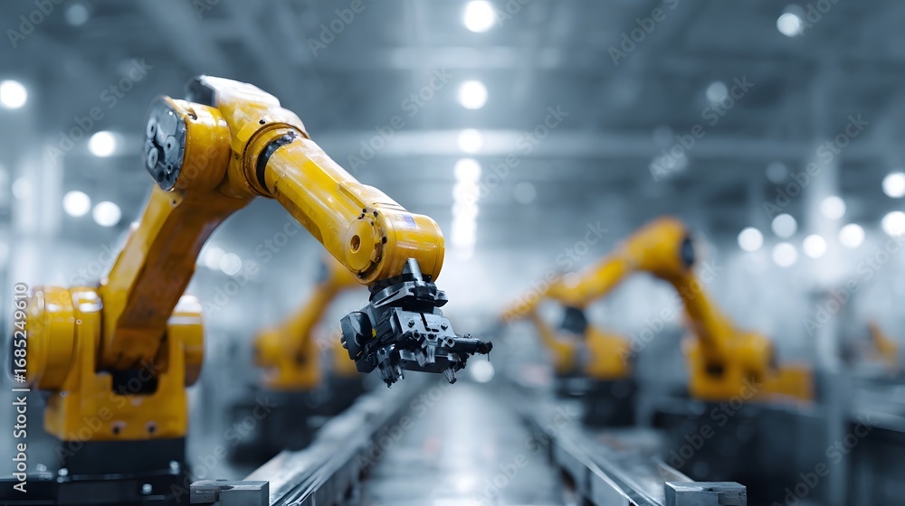 Poster yellow robotic arms operate with precision on an assembly line in a modern clean manufacturing facto