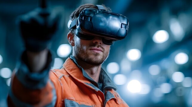 A professional male worker in an orange uniform and a VR headset interacts with an immersive virtual environment in a high tech industrial setting
