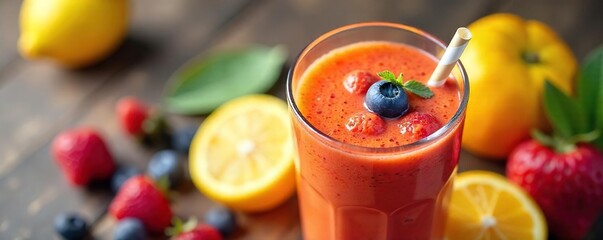 Fototapeta premium Close-up of a vibrant, colorful smoothie brimming with fresh, ripe fruits Perfect for healthy eating and summer refreshment A delicious blend of nature's goodness , beverage, vitality