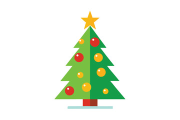 Cartoon Christmas Tree with Gold Star, Red and Yellow Baubles on a White Background