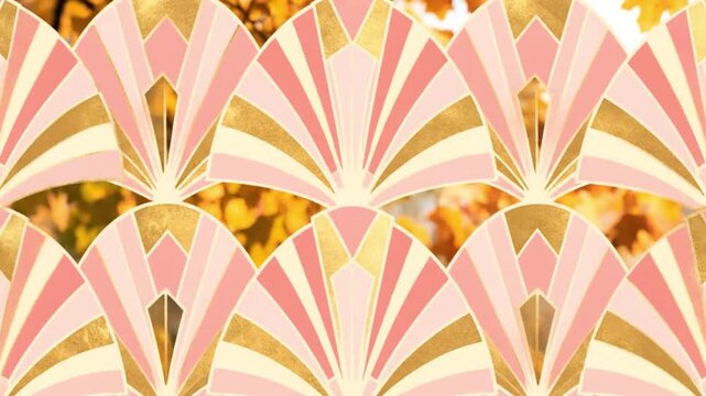 Elegant Art Deco Fan Pattern in Gold and Pink with a Blurred Autumn Leaves Background