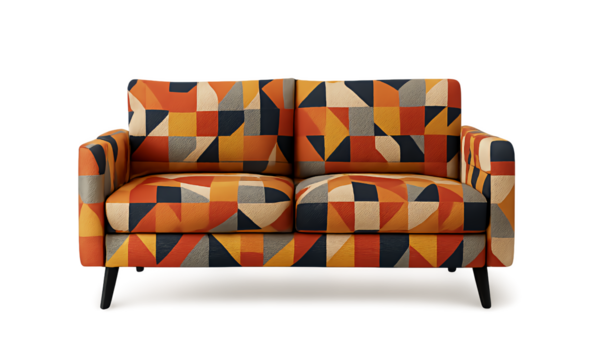 Geometric patterned sofa with black legs isolated on transparent background