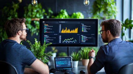 Collaborative Data Analysis Two Professionals Review Charts and Graphs on a Large Monitor in a Modern Office Setting