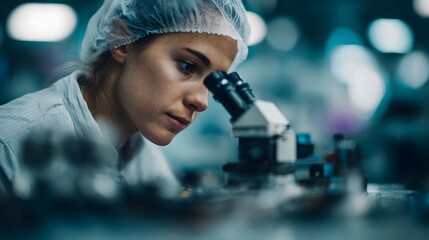 Focused scientist in protective gear diligently examines samples using a high tech microscope within a modern industrial laboratory