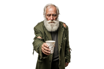 Old homeless man with a white beard holding out a cup for money