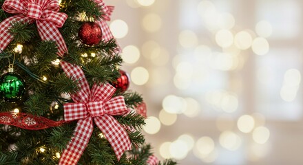 Obraz premium Christmas tree adorned with red and white checkered ribbon and ornaments.