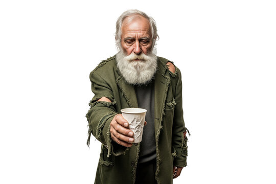 Old homeless man with a white beard holding out a cup for money