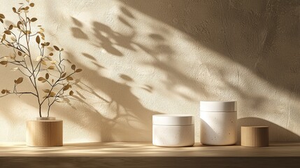 Sunlit minimalist scene with cosmetic jars and decor.