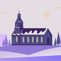 Church on christmas eve. Church building with snowy roof in winter landscape  