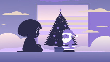 Child meeting toy Santa. Child sitting with Santa Claus by a Christmas tree indoors  