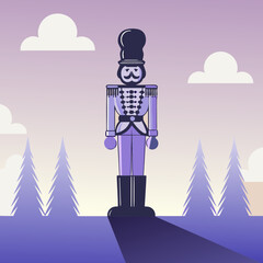 Decorative nutcracker figure. Nutcracker toy standing in winter landscape with pastel colors. Сhristmas toy soldier  
