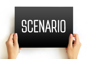 Scenario is a synoptical collage of an event or series of actions and events, text concept on card